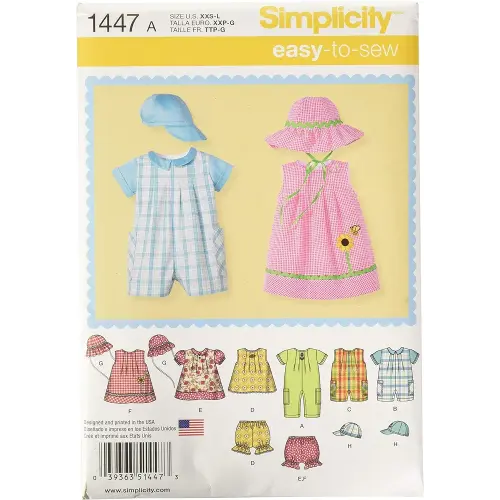 Simplicity 1447 Baby's Romper, Dress, Top, Underwear, and Hat Sewing Patterns, Sizes XXS-L