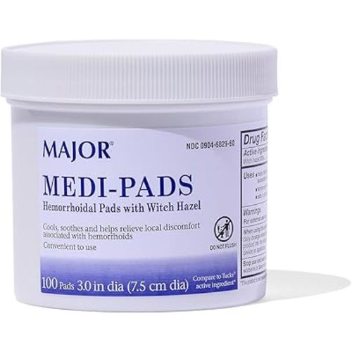 MAJOR Medi-Pads - Hemorrhoidal Hygienic Cleansing Witch Hazel Pads - Cooling Relief with Aloe - 100 Count Jar (1 Pack)