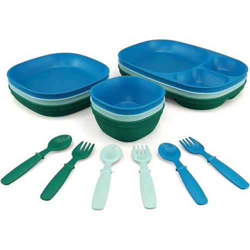 MightyMoe Toddler Dinnerware Set, 15pc Plates Bowls & Trays - Made in USA, Microwave and Dishwasher Safe, BPA Free, Shatter Resistant, Ocean Color, Toddler Tableware