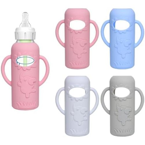 4 Pack Silicone Sleeves for Dr. Brown's Glass Baby Bottles -Drop Protection Easy-Grip Baby Bottle Sleeves Holder with Handles, Compatible with Dr. Brown's Newborn Glass Bottles 8 oz/250 mL