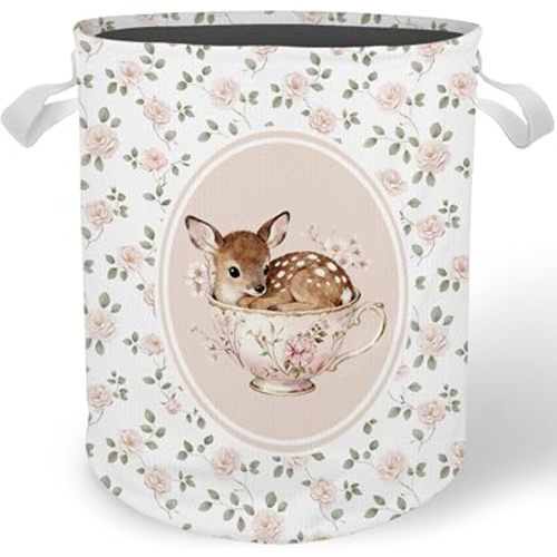 Pink Rose Deer Nursery Laundry Basket, Cottagecore Floral Deer Teacup Laundry Basket Hamper Waterproof Collapsible Clothes Toys Storage Bin for Baby Girls Nursery Room Bathroom Home