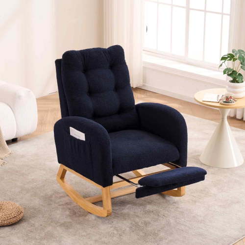 FFH Accent Rocking Chair Nursery Rocker with Footrest, High Backrest with Buttons for Bedroom Living Space, Blue Teddy
