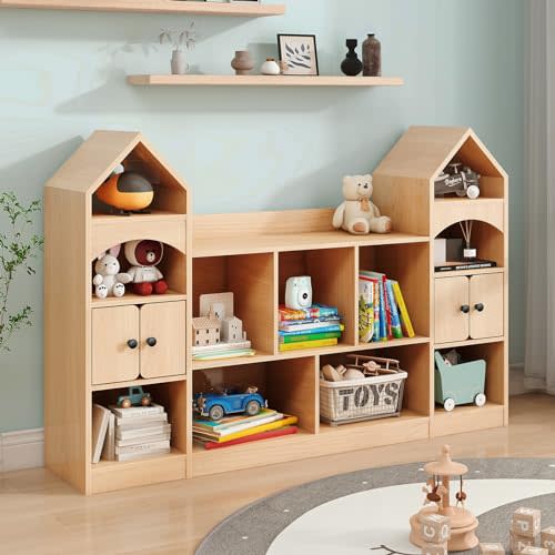 Vabches Kids Bookcase and Toy Storage Organizer, Children Bookshelf, Castle Shape, Playroom Furniture Multipurpose Shelf for Toddlers to Organize Toys and Books Magic Castle, Oak