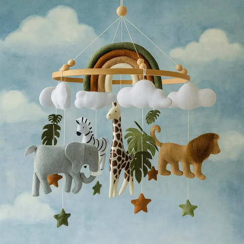Safari Nursery Mobile with Rainbow | Realistic Felt Lion, Giraffe, Zebra & Elephant | Perfect Newborn Gift
