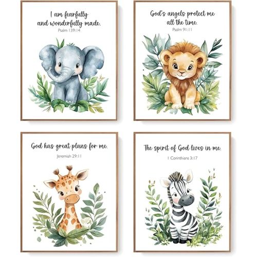 LARTSFRO Woodland Nursery Animals Bible Verse Decor Wall Art Prints Poster, Cute Baby Forest Nursery Room Bedroom Bathroom Playroom Wall Art Decor for Nursery Kids Teen Girls Gifts, Christian Classroom Wall Decor, 10x8 Inch Set of 4 Pcs Gifts for Kids Pic