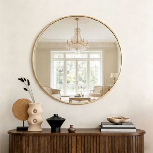 JIONJOY 28 x 28 Metal Round Wall Mirror- Gold