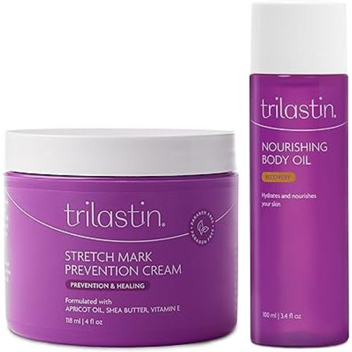 TriLASTIN Maternity 4oz Stretch Mark Cream & 3.4oz Nourishing Body Oil Bundle | Pregnancy Skincare Gift for First-Time Moms