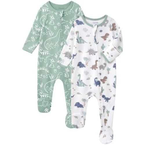 FIEMOL Baby Boy Sleepers 100% Cotton Footie Pajamas, Newborn 0-3 3-6 6-9 Months with 2-Way Zipper & Mitten Cuffs, Ultra Soft 2 Pack Footed PJs Baby Boy Clothes