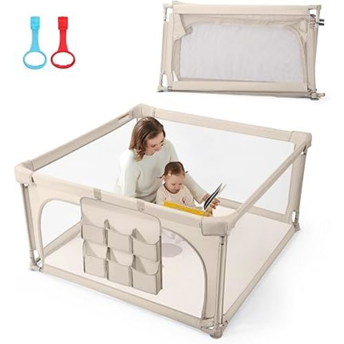 Baby Playpen,47"x47" Foldable Playpen for Babies and Toddlers,Large Play Pen with Zipper Door,Baby Play Pen Play Area(Light Khaki)