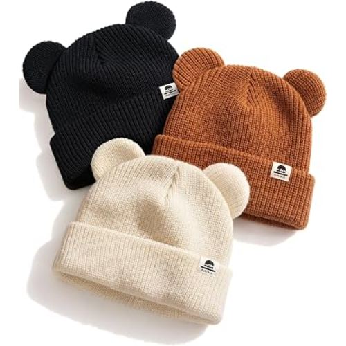 FURTALK Baby Beanie with Bear Ear Warm Knit Winter Hat for Infant Toddlers | Soft Premium Acrylic Fabric, Skin-Friendly, Double-Knit Warmth for Ears, Adorable Bear Ear Design, Grow-with-Me 2 Sizes