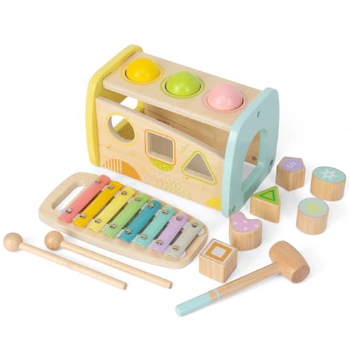 WOODENFUN Hammering Pounding Toys Wooden Educational Toy Xylophone Shape Sorter, Birthday Gift for 3 Years Boys Girls Baby Toddler Kids Developmental Montessori Learning Toy (Yellow)