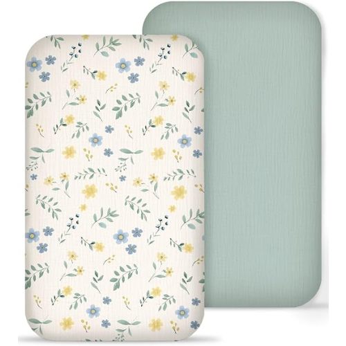 Muslin Bedside Bassinet Sheets 2 Pack, 33" X 20", (Spring Garden & Sage)