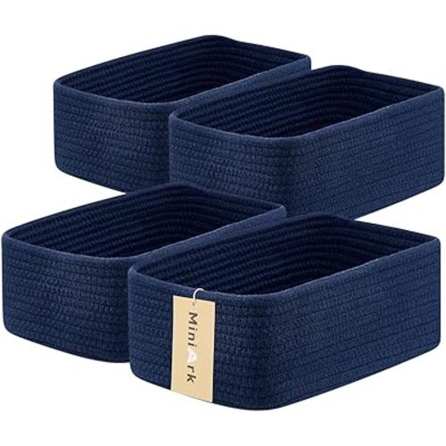 Small Storage Baskets for Organizing | Closet Organizer Bins | Shelf Toy Basket | Woven Rope Baskets | Cube Decorative Box | Shallow Basket | 11.5x7.5x4.7” | 4 Packs Navy Blue