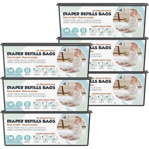 Diaper Pail Refills Bags with 30 Bags Compatible with Genie Easy Roll Signature and Platinum Diaper Pails, 7-Layer Odor-Barrier Technology, 6 Pack (180 Bag)