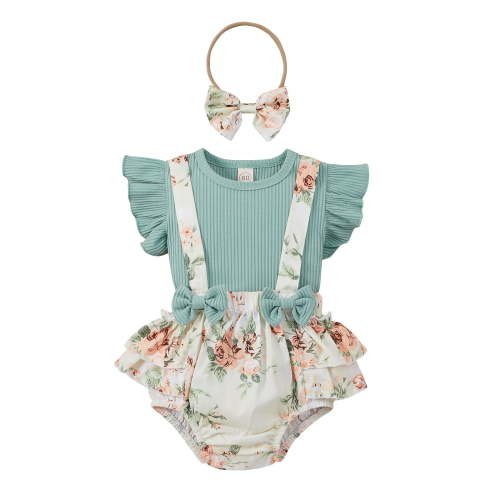 Kiapeise Baby Girl Ruffle Sleeve Ribbed T-Shirt + Suspender Shorts + Headband