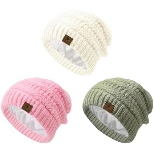 Zando 3 Pack Toddler Satin Lined Beanie Hat Baby Knitted Winter Hats for Boys Girls Soft Warm Silk Lined Infant Beanies Cap