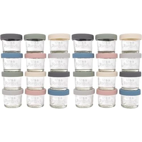 WeeSprout Glass Baby Food Storage Jars with Silicone Lids (4 oz, 24 Pack Set) Snack, Puree, Reusable Small Containers, Breast Milk, Fridge or Freezer, Essential Must Have for Infants