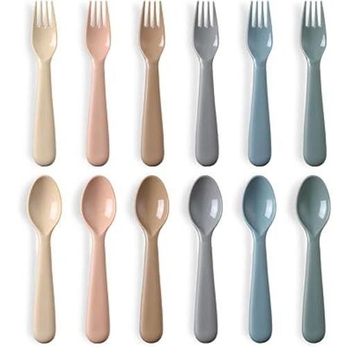 12 Pieces Toddler Utensils Set, Plastic Spoons and Forks Set for Kids, Children Safe Flatware, Plastic Reusable Cutlery, BPA Free, Dishwasher Safe