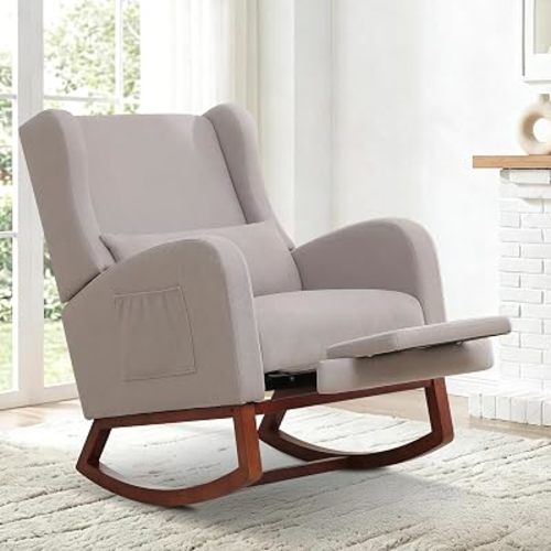 Nursery Rocking Chair,Rocking Chair with Foot Rest,Nursery Rocker Comfy Glider Nursing Chair with Back Pillow for Living Room, Bedroom, Grey
