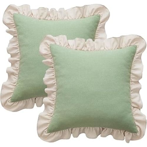 Waffle Weave Textured Throw Pillow Covers Set of 2 with Washed Cotton Retro Ruffle Flounces Trim Solid Decorative Pillow Cases for Home Livingroom and Bedroom Decor 18x18 Inch Pea Green