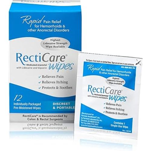RectiCare Medicated Anorectal Wipes – Maximum Strength Topical Numbing – 5% Lidocaine & Glycerin – 12 Pack