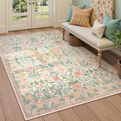 Collive Washable 6x9 Butterfly Area Rug, Pink Boho Floral Rugs for Girls Room, Soft Retro Non Slip Ultra Thin Insect Floor Carpet for Bedroom Living Room Playroom Nursery