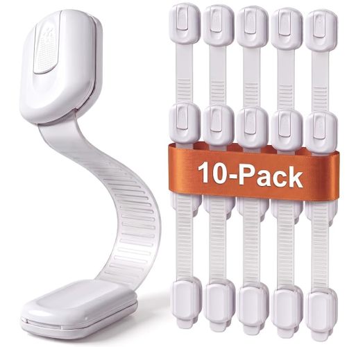 Child Safety Strap Locks (10 Pack) Baby Locks for Cabinets and Drawers, Toilet, Fridge & More. 3M Adhesive Pads. Easy Installation, No Drilling Required, White