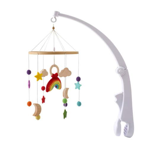 Baby Crib Bell Mobile – Wooden Rotating Wind Chime with Crochet Rainbow & Rocket Toys, Soothing Sleep Aid for Newborns and Infants, Nursery Hanging Decor