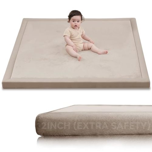 Huloo Sleep Ultra Soft Baby Play Mat for Floor, 1.3" Thick Elasti-Foam 59x59 Play Mat for Playpen,Water-Repellent Coral Velvet for Tummy Time, Non-Slip Backing,Safe for Toddlers & Infants（Beige）