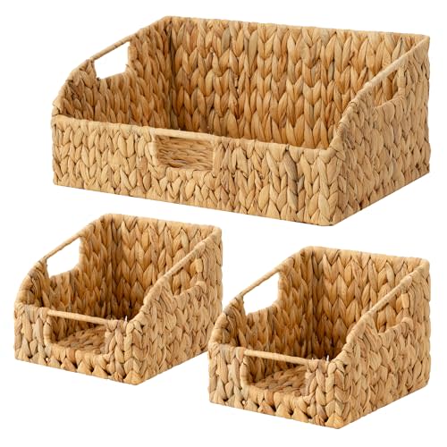 StorageWorks Water Hyacinth Pantry Storage Baskets, Wicker Baskets with Built-in Handles, Handwoven Shelf Baskets for Organizing, Pantry Organizers and Storage, 3 Pack