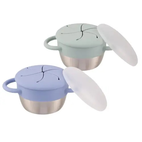 Elk and Friends Stainless Steel Snack Cups | Removable Silicone Food Catcher and Travel Lid | Spill-Proof Snack Containers for Baby, Toddler, Kids | Dishwasher Safe | 2 Pack