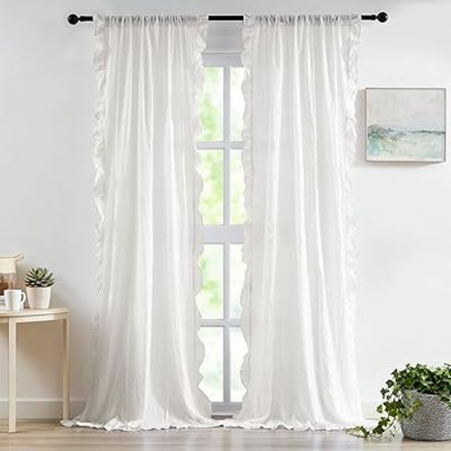 ZJDECOR Cream White Ruffle Window Curtain Panels 63 Inches Long,Crinkled Not-See-Through Sheer Drapes,Contemporary Bedroom Living Room Nursery Window Treatment,Rod Pocket,40" Wx63 L,Pack of 2