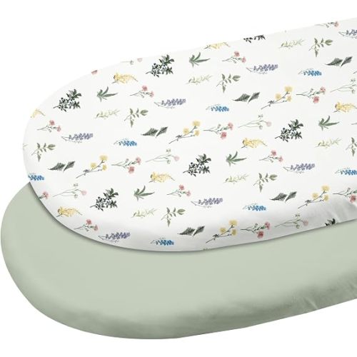 Gllquen Baby Organic Cotton Bassinet Sheets (33"x17") 2-Pack Green Leaves | 100% Cotton Bassinet Mattress Sheets, Compatible with Halo, Graco, Baby Delight. Soft, universal fitted for girls boys unisex