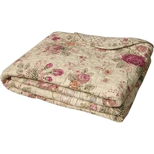 Greenland Home Antique Rose - Classic Traditional Floral - 100% Cotton Quilted Throw Blanket, 50 x 60 inches, Ecru