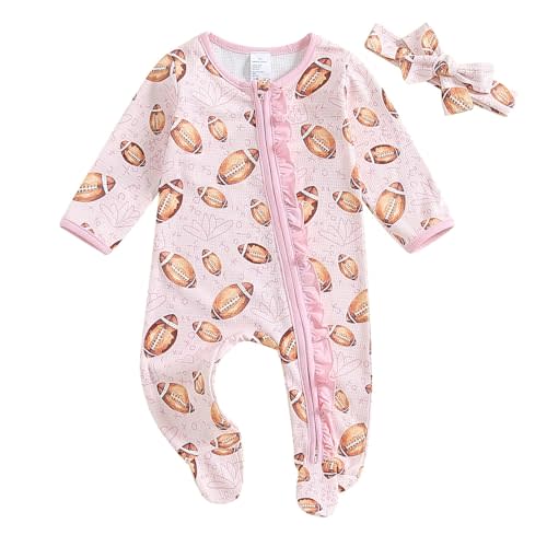 Newborn Baby Girl Football Romper Rugby Footie Long Sleeve Ruffle Zip Up Jumpsuit Onesie Headband 2Pcs Fall Clothes