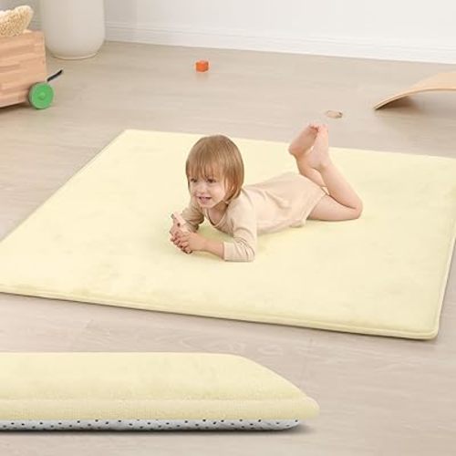 Huloo Sleep Baby Play Mat for Floor,1.3" Thick Elasti-Foam 50"×50" Playpen Mat for Tummy Time,Water Repellent Soft Coral Velvet for Toddler,Infant,Kids,Non-Slip Backing Safe for Crawling(Vanilla)
