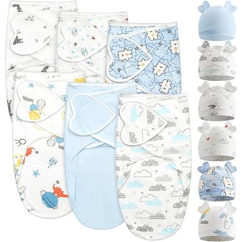 Ramede 6 Pack Baby Swaddle Blanket with Hats Sleep Swaddle for 0-3 Months Newborn Sacks Soft Cotton Wearable for Boy Girl