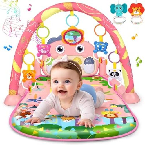 UMIKU Baby Play Mat Tummy Time Mat Gym Girl Activity Center, Pink Dinosaur