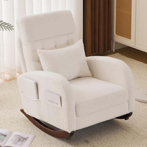 Teddy Fleece Low Seat Rocking Chair,Boucle Upholstered Nursery Glider Chair with Side Pockets,Accent Arm Chair with High Backrest,Comfy Head Rest,Solid Wood,for Living Room, Bedroom,Beige