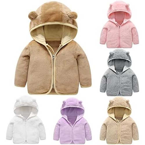 Toddler Boys Girls Hooded Jacket Fleece Hoodie Winter Warm Solid Color Teddy Coat Zip-up Bear Ear Sweater Fall Clothes