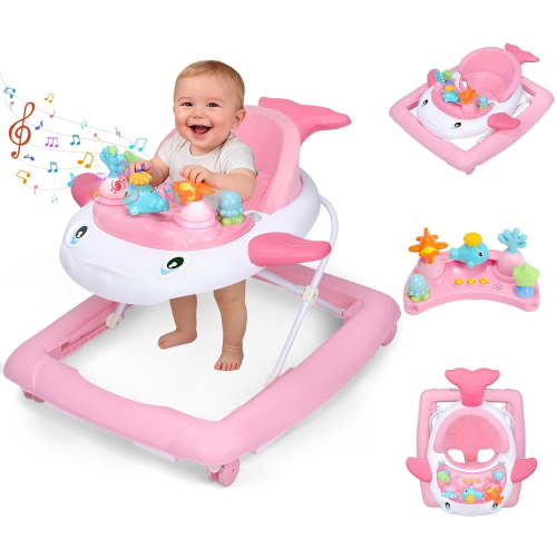 PRVAETU Baby Walker & Activity Center W/ Music & Lights,3 Adjustable Height, Anti-Rollover & Foldable Design for Infant Boy and Girl 6-18 Months,Pink