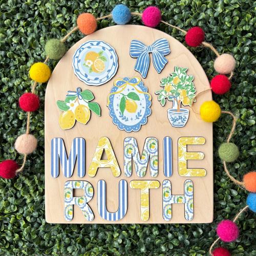 Personalized Wooden Name Puzzle, Lemon Nursery Decor, Custom Baby Name Puzzle, Blue Yellow Baby Gift, Toddler Name Puzzle