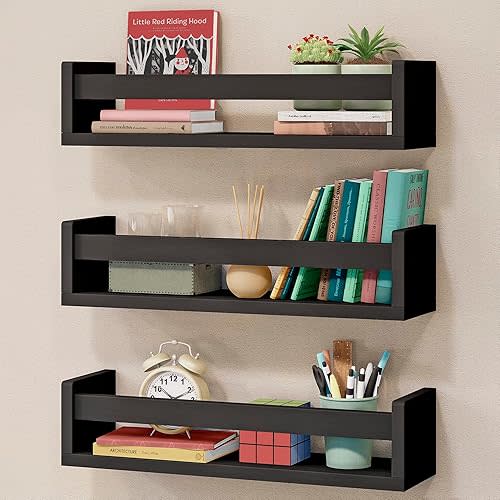 NATURE SUPPLIES Set of 4 Black Floating Shelves for Wall, Kids Bookshelf for Bedroom, Book Shelf for Kids Rooms, Nursery Book Shelves, Nursery Shelves for Wall