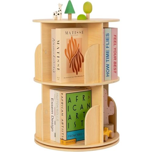 OOOK 2 Tier Rotating Bookshelf, Small Corner Bookshelf Floor Standing Wooden Narrow Bookcase Organizer for Kidsroom, Bedroom, Living Room