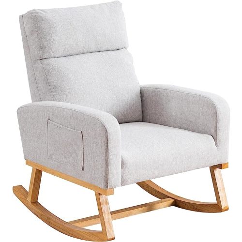 Rocking Glider Chair Nursery, Nursing Rocker Armchair with Rubber Wood Legs and Side Pocket for Living Room, Bedroom, Grey