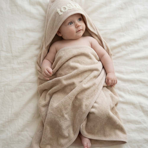 Baby Hooded Bath Towel | Beige Textured | 100% Cotton | Toshi