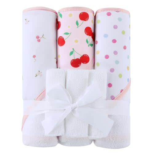 Viviland 6 Pcs Hooded Baby Towels and Washcloths Set, Super Gentle Bath Towels for Newborn Face & Body, Absorbent Wash Cloth for Infants Girls, Pink-Cherry Pattern, 28 x 28 inch