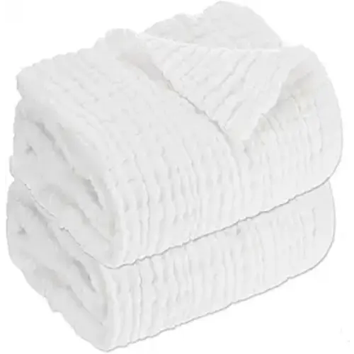 Muslin Baby Blanket Set of 2, 6-Layer 43 x 43 Inches Newborn Toddler Bath Towel Swaddle Wrap Blankets for Boys Girls (White)