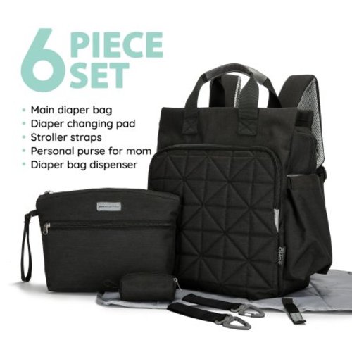 SoHo Collections, Unisex Designer Diaper Bag Backpack, 6 Piece Set with Stroller Straps, Kenneth (Black)