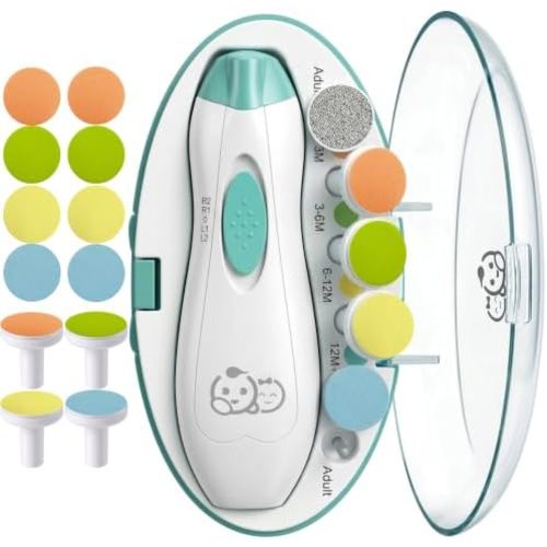 Royal Angels Upgraded 21 in 1 Baby Nail Trimmer with Labeled Case, 12 Extra Replacement Pads, Safe Electric Baby Nail File Kit for Newborn & Toddler, Whisper Quiet Nail Clipper with LED Light (Green)